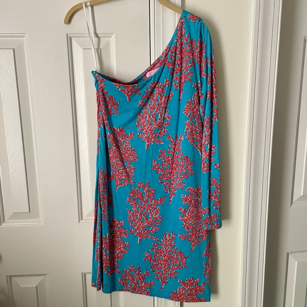 Lilly Pulitzer One Shoulder Jersey Dress Coral/Turquoise Size Medium